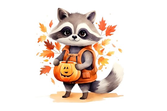 Cute raccoon with pumpkin and autumn leaves. Watercolor illustration