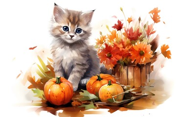 Cute kitten with pumpkins and autumn leaves. Vector illustration.