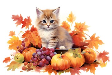 Cute kitten with pumpkins and autumn leaves on white background.