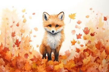 Obraz premium Watercolor fox in the autumn forest. Hand drawn illustration for your design