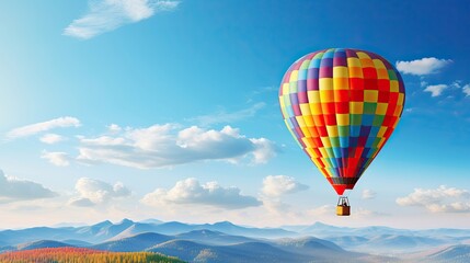 Fototapeta na wymiar Picturesque, vibrant hot air balloon, gliding, crystal-clear blue, aerial view, serene, tranquil, floating. Generated by AI.