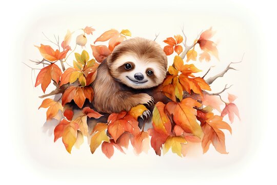 Cute sloth and autumn leaves isolated on white background. Watercolor illustration.