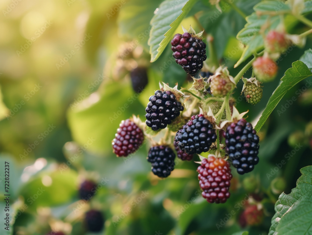 Canvas Prints A bunch of ripe and red blackberries growing on a bush in sunlight.