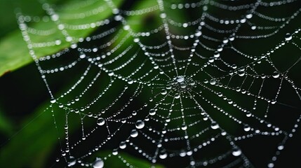 Fototapeta premium Close-up, macro view, spiderweb, morning dew, captivating intricacy, nature's craftsmanship. Generated by AI.