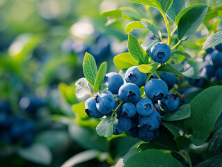 Fresh blueberries on the bush with a backdrop of green leaves.