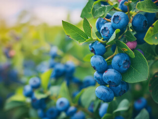 Fresh blueberries on the bush with a backdrop of green leaves.