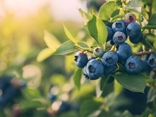 Blueberries on the bush with a backdrop of green leaves.
