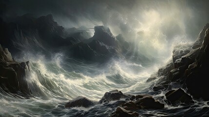 Tumultuous sea, crashing waves, rugged cliffs, churning, mesmerizing drama, untamed energy, stormy waters. Generated by AI. - obrazy, fototapety, plakaty