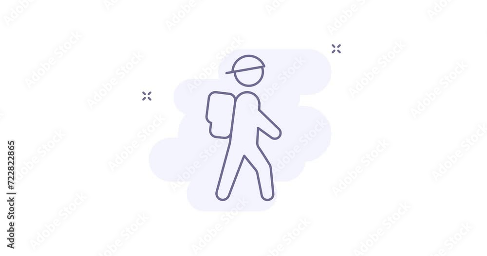 Poster hiking 2d animated outline icon. hiking line icon 4k video motion design graphics for web, mobile an