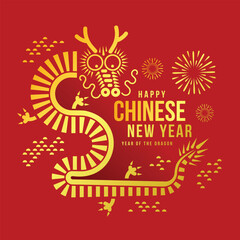 Happy chinese new year, year of the dragon - Text and Abstract modern gold dragon rolling and waving around on red background vector design