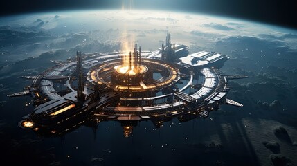 A space station of the future orbits a distant planet. Advanced, space exploration, orbital hub, distant planetary sight, futuristic technology, cosmic settlement. Generated by AI. - obrazy, fototapety, plakaty