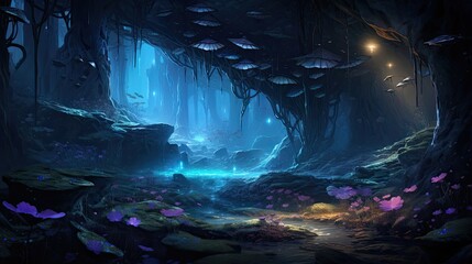 Hidden splendor, glowing fungi, underground oasis, ethereal luminescence, mystical atmosphere, natural allure. Generated by AI.
