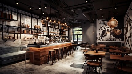 Hip coffee shop featuring modern decor and handcrafted artisanal coffee blends. Trendy setting, stylish design, specialty roasts, chic atmosphere. Generated by AI. - obrazy, fototapety, plakaty