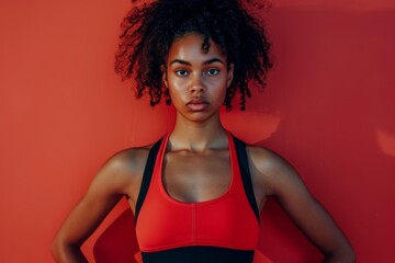 Confident young woman in sportswear against a red background with a serious expression.