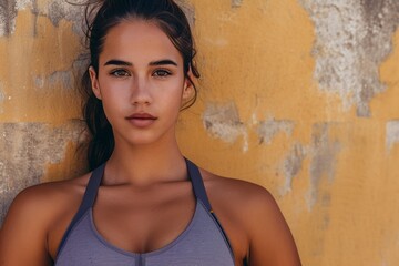 Portrait of a young woman against a yellow textured wall, looking at the camera with a neutral expression.
