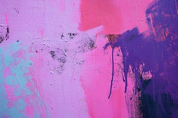 Purple paint strokes and smudges on an pink painted wall background. Abstract wall surface with...
