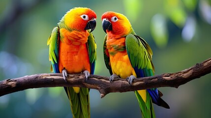 Vibrant parrots perched gracefully on a tree branch. Colorful plumage, tropical birds, avian duo, perched majestically. Generated by AI.