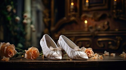 Dainty ballet slippers arranged on a stage. Elegant footwear, dance essentials, artistic presentation. Generated by AI.