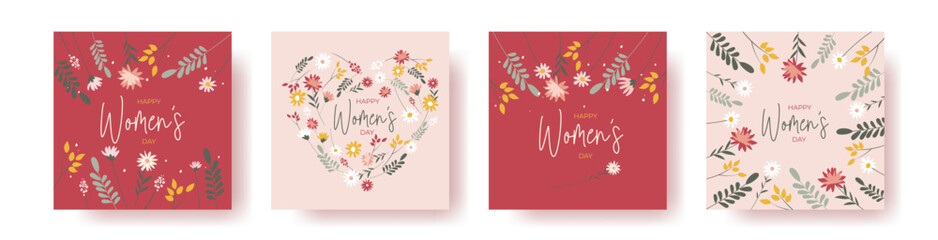 Set of 4 square greeting cards for international women's day with calligraphic hand written phrase. Women with flowers. Eight march. Hand drawn flat vector illustration	