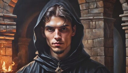 Close up  portrait of young warlock aristocrat mysterious caster in medieval  tower. Oil on canvas low detail painting