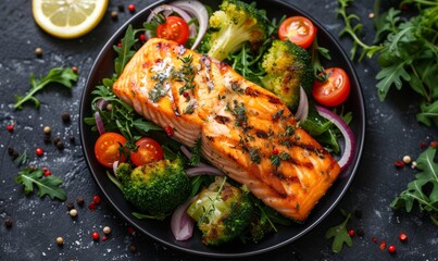 Grilled salmon fish fillet and vegetable salad with tomatoes and broccoli.Ketogenic lunch. Top view