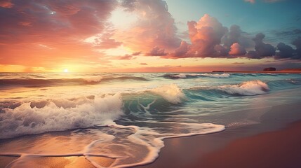 Serenity reigns as the sun sets over a sandy beach. Sunset beach, gentle waves, tranquil seascape, sandy shore. Generated by AI. - obrazy, fototapety, plakaty