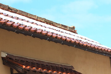 雪が残る瓦屋根