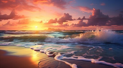 Nature's beauty unfolds on a sandy beach at sunset, where gentle waves create a calming rhythm while washing ashore. Sunset beach, gentle waves, tranquil coastline, sandy coast. Generated by AI. - obrazy, fototapety, plakaty