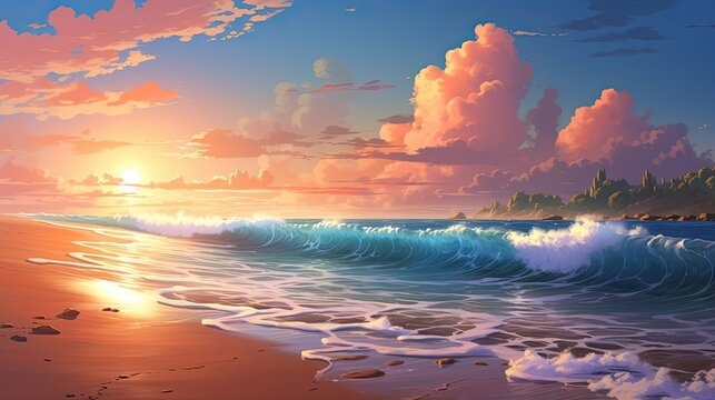 Nature's canvas is painted with a serene sunset over a sandy beach. Sunset beach, tranquil waves, sandy coast, coastal beauty. Generated by AI.