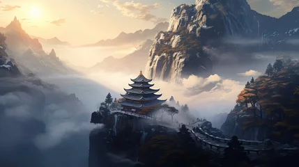 Fotobehang Tranquil temple on mist-laden mountain, serene morning mist, spiritual haven, peaceful mountain peak shrouded in mist, serene temple vista, misty mountain sanctuary. Generated by AI. © Татьяна Лобачова