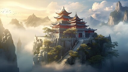 Tranquil temple rising above morning mist on a mountain peak, serene mountain sanctuary, mist-covered spiritual haven, peaceful dawn vista. Generated by AI.