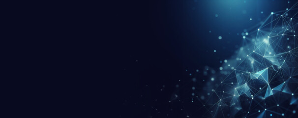 Digital network of interconnected nodes and lines on a dark blue background, symbolizing communication, technology, and data.
