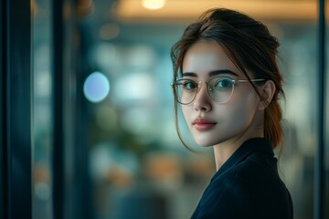Introspective Young Woman with Glasses in Evening Urban Setting

