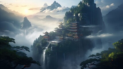 Serene temple perched on mist-covered mountain, tranquil morning mist, spiritual oasis amidst misty peaks, serene mountain sanctuary. Generated by AI.