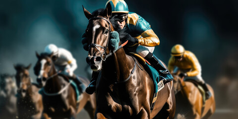 horse racing game for beginners,Rider on horse during a race - obrazy, fototapety, plakaty