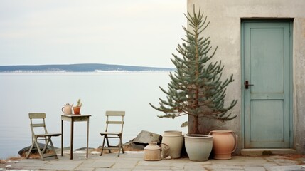 Fototapeta premium Spruces washed beton a lake garden furniture garden UHD wallpaper