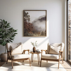 Two cozy armchairs in the living room with a framed painting on the wall. interior design of a modern living room in the style of Provence, Bauhaus, Scandinavian style