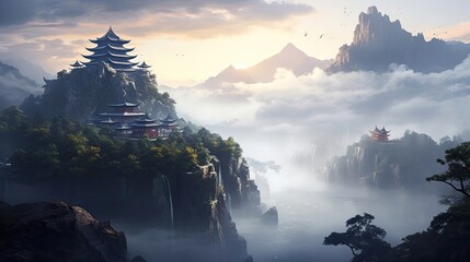 A serene temple perched atop a misty mountain, peaceful morning mist, spiritual haven, tranquil scenery, mist-covered peaks, serene atmosphere, mystical temple, tranquil dawn. Generated by AI. - obrazy, fototapety, plakaty