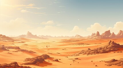 A solitary desert landscape with endless sand dunes under the vast expanse of the sky, a serene portrayal of untouched beauty and boundless horizons. Generated by AI.