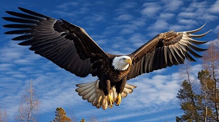 Obraz premium The grandeur of a bald eagle in flight against a backdrop of clear blue sky, a symbol of freedom, strength, and the unyielding beauty of the skies. Generated by AI.