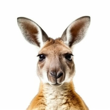Closeup young kangaroo face isolated on white background 
