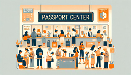 パスポートセンターでパスポートを申請・受け取りをする人々　generated ai