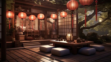 Traditional teahouse adorned with tatami mats and delicate paper lanterns. Authentic, tranquil, culture, serene ambiance, minimalist, calming, elegant. Generated by AI.