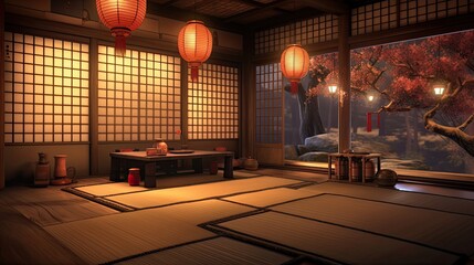 Traditional teahouse with tatami mats and the gentle glow of paper lanterns. Authentic, tranquil, elegance, calming ambiance. Generated by AI.