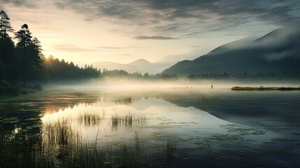 Tranquil lake at dawn, where mist gently rises from the still waters, creating an ethereal and peaceful ambiance. Dawn tranquility, misty lake, serene waters. Generated by AI. - obrazy, fototapety, plakaty