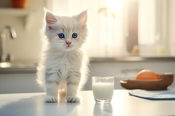 An adorable little white kitten drinking milk from a glass on a table.