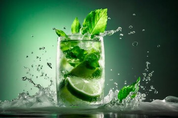 Fresh cocktail with lime and mint on solid background. Generative AI