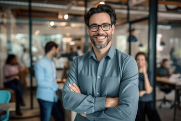 Corporate Seminar Concept. Image of a cheerful professional man, confidently smiling at the camera amidst a contemporary office setting and engaged coworkers. Generated AI