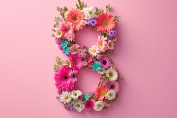 Cheerful floral display creating the number eight on a gentle pink background, perfect for an International Women's Day card. Open area for text or promotional content. Generated Ai