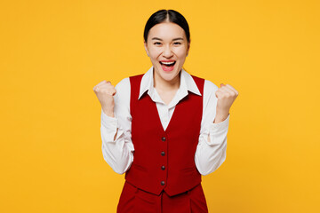 Young corporate lawyer employee business woman of Asian ethnicity wear formal red vest shirt work...